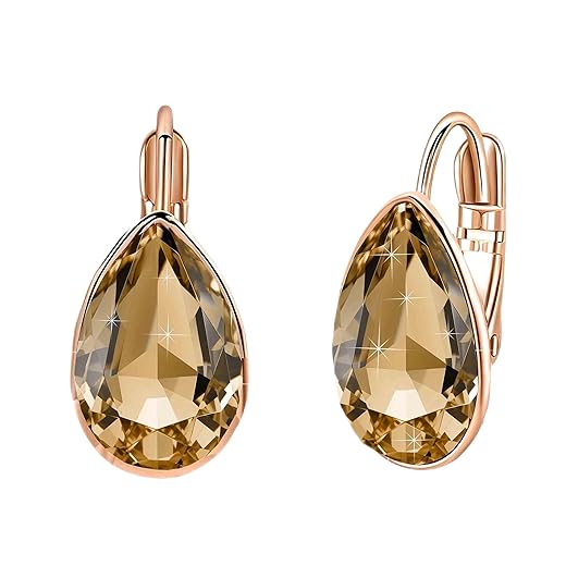 Brincos de gota de cristal austríaco para mulheres, banhado a ouro rosa 14K, joia hipoalergênica, 0.8" x 0.4", Latão Ouro rosa, Cristal