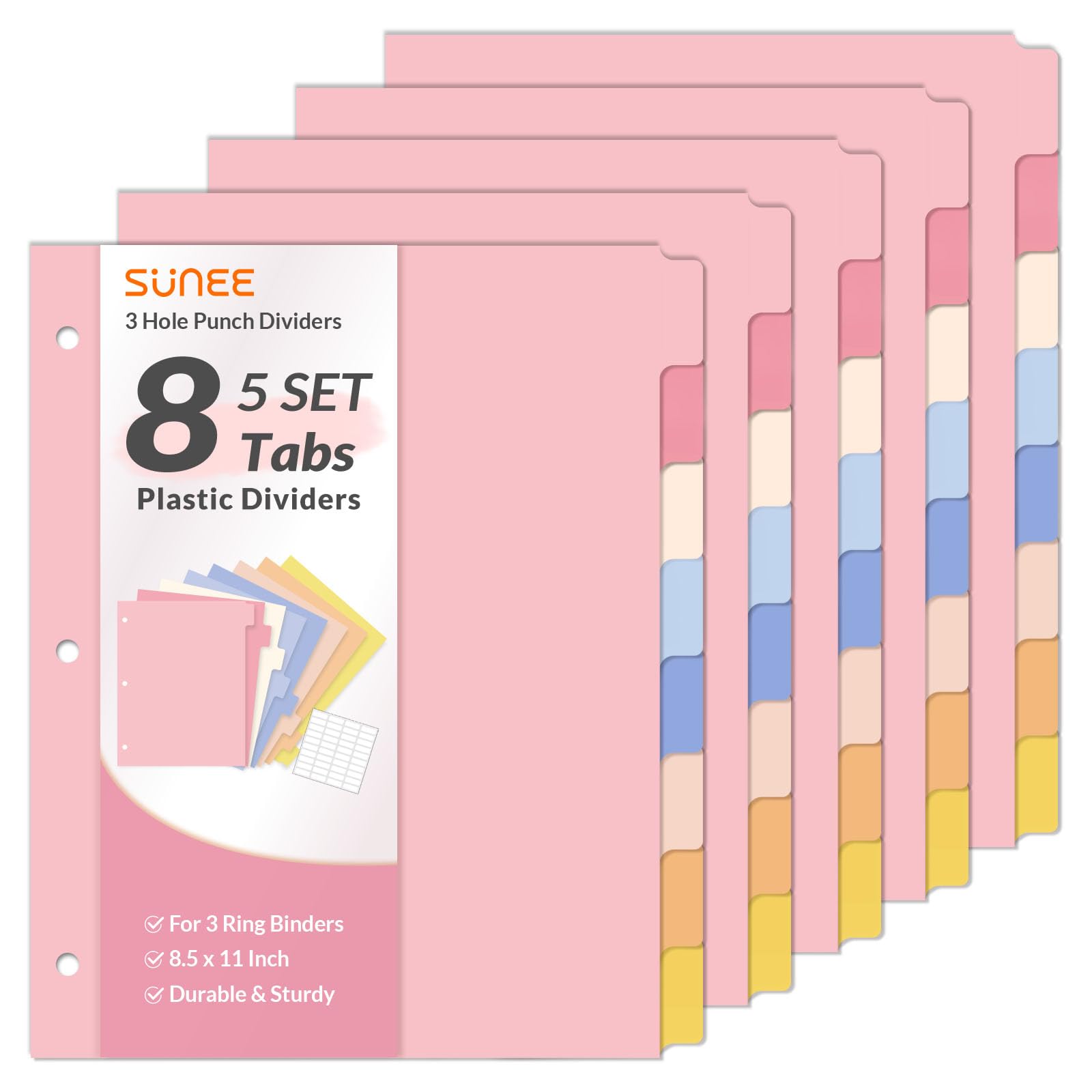 SUNEE 8 Tab Binder Dividers,Plastic Dividers for 3 Ring Binder,3 Ring Binder Dividers with Tabs for School Office Home Supplies,Pastel Color, 5 Set