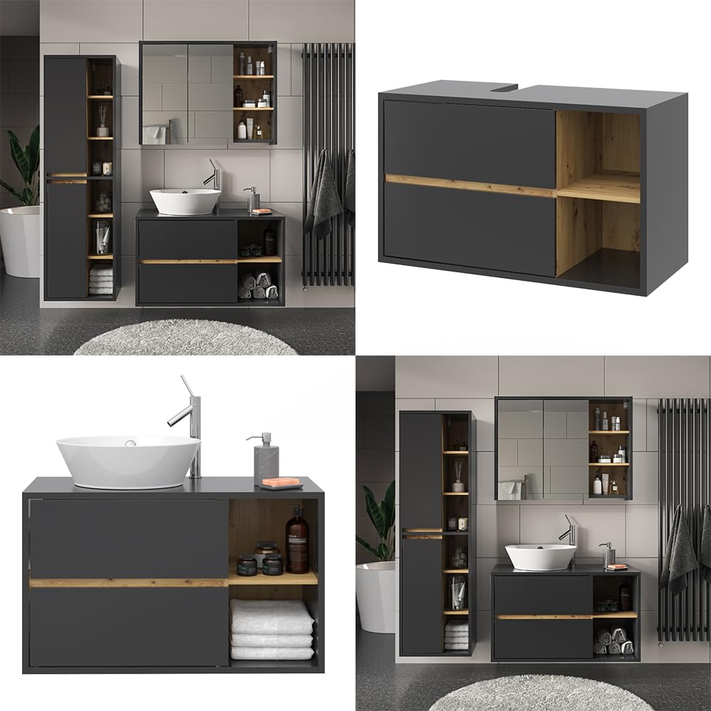 Vicco Mobile sottolavabo per bagno Viola, Antracite, 100 x 60 cm, con intaglio per sifone e ripiani aperti per montaggio a parete