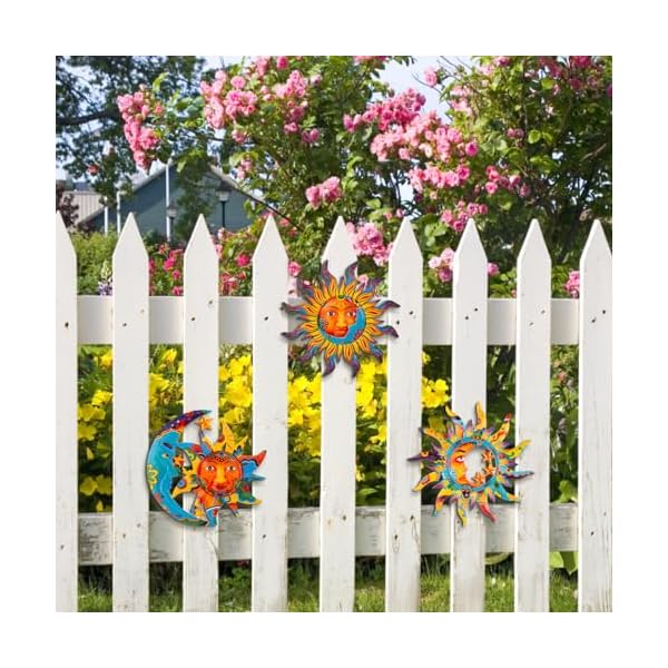3 pack sun and moon wall decor hanging sun moon stars metal wall art sun face outdoor wall decor for garden fence patio yard living room bedroom decorations  urban country home decor