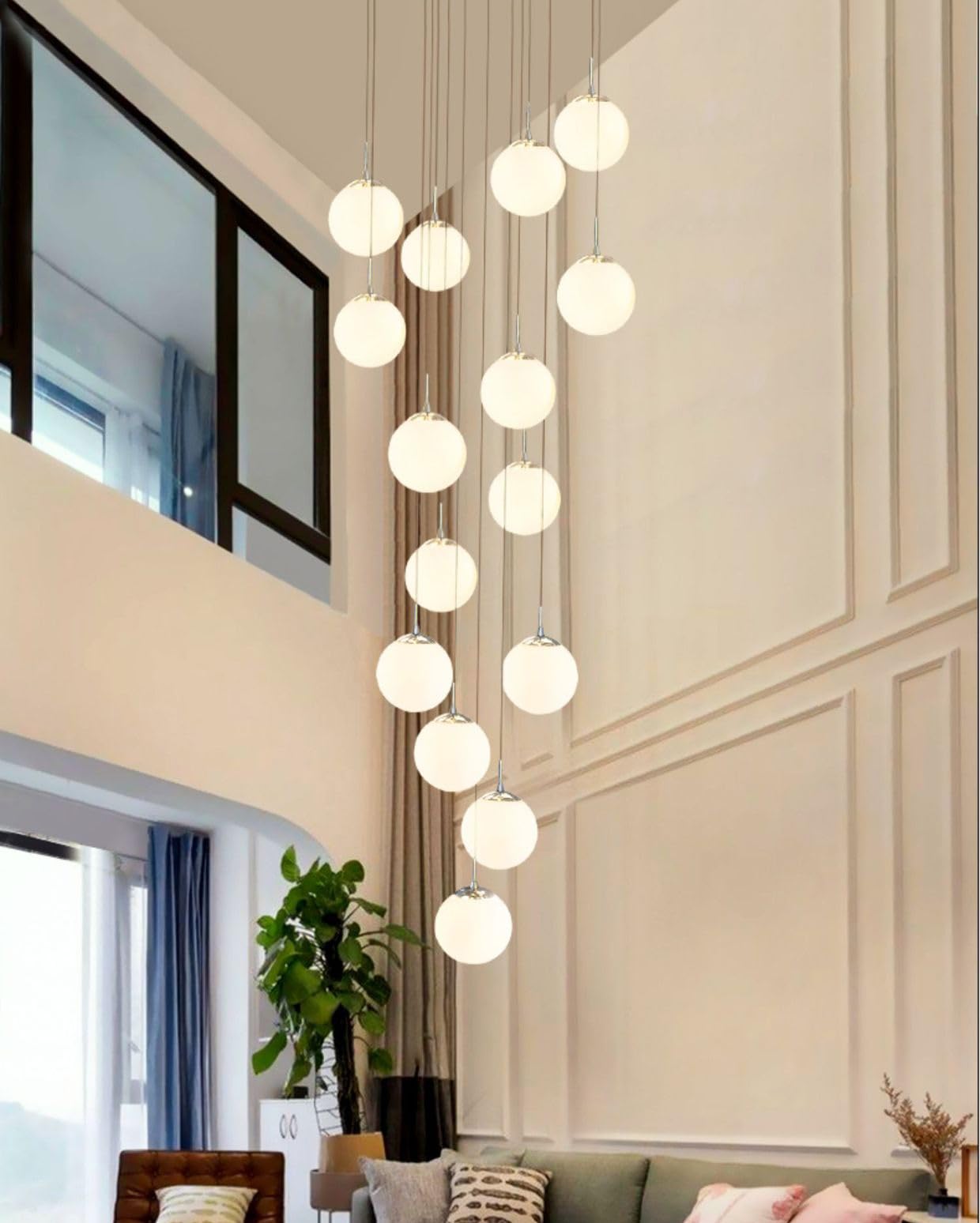 GGBBJJ 15 Glass Balls Staircase Chandelier Long Pendant Light White Milk Glass Bubble Chandelier Chrome Farmhouse Gold Ceiling Large Hanging Chandelier for Living Room Foyer Hallway Entryway