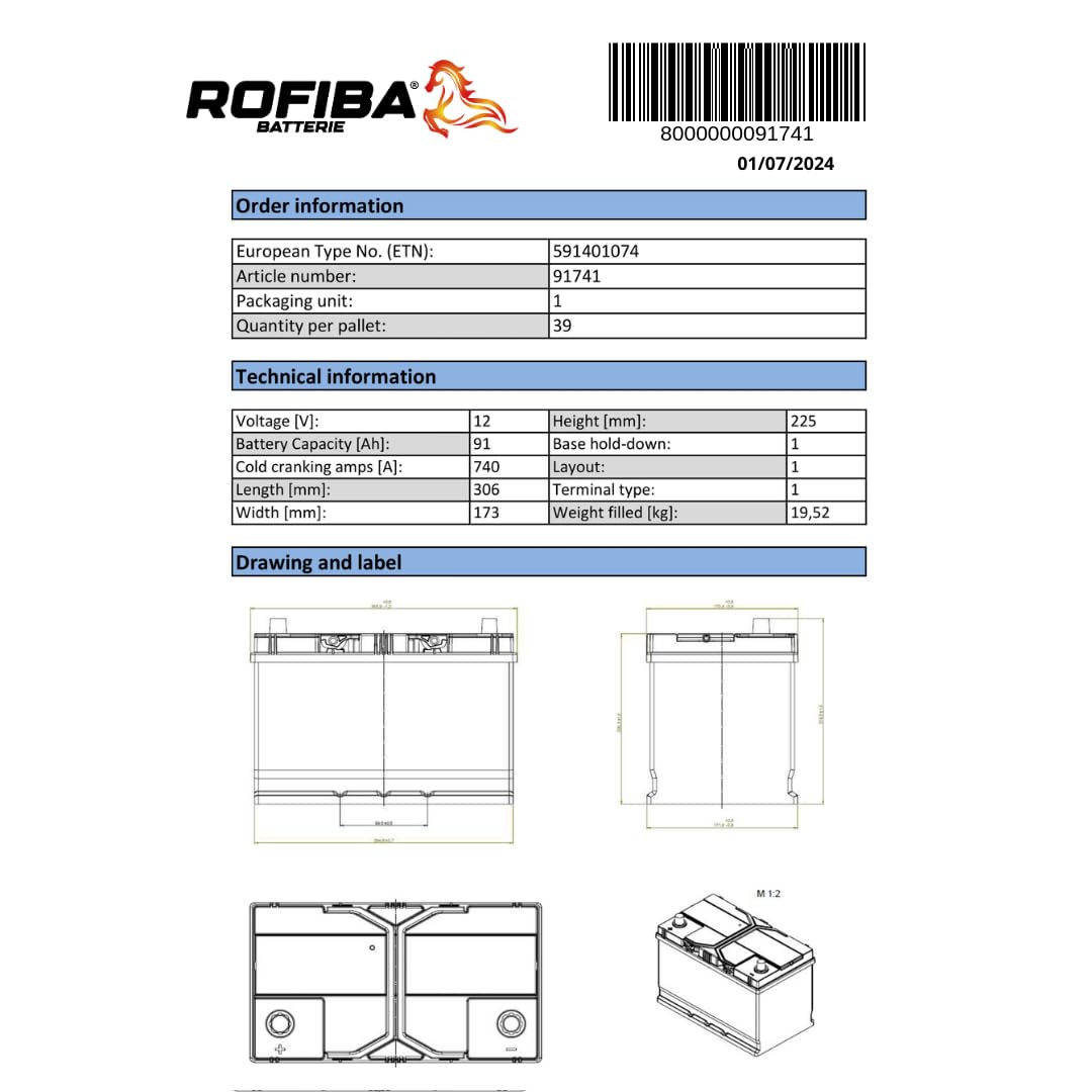 Rofiba Batteria per Trattore Truck D31 91Ah 12V Polo positivo Sinistro = G8 / 100 Ah 95 Ah EB955