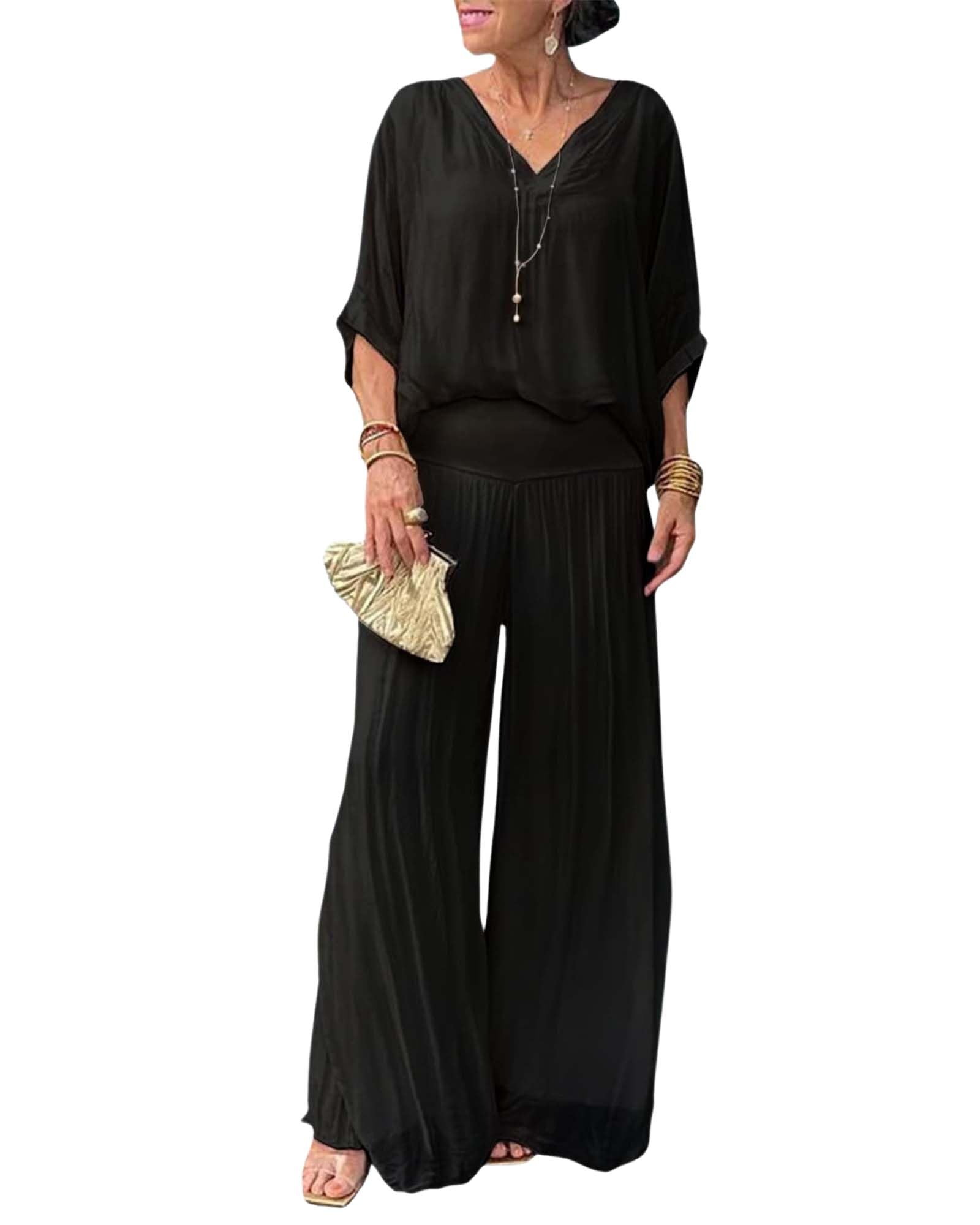 Womens Dressy Casual Chiffon Wide Leg Pant Sets 2 Pieces Formal Pant Suits Half Sleeve Waist Flowy Wedding
