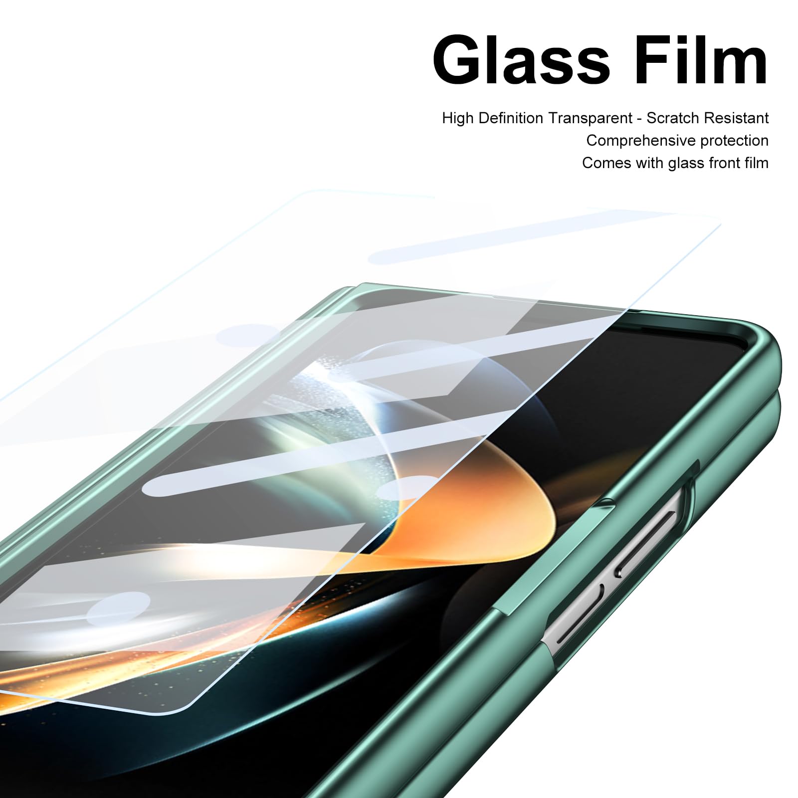 per Galaxy Z Fold4 Custodia con Penna e Slot per Penna, Pellicola Protettiva in Vetro Temperato + Protezione Cerniera Cover in Pelle per Samsung Galaxy Z Fold4-Verde