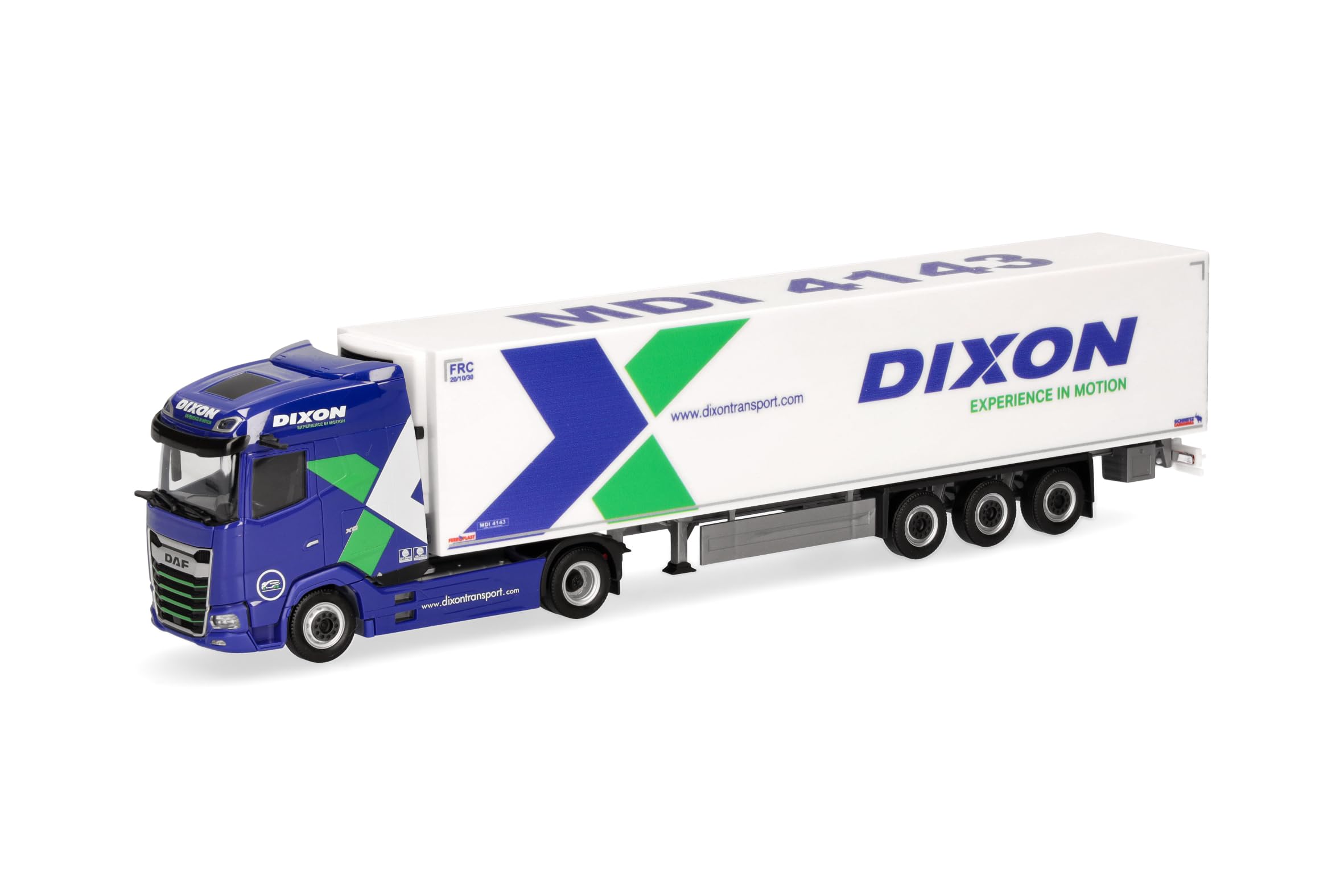 Herpa model ciężarówki DAF XG zestaw chłodniczy "Dixon", miniatura w skali 1:87, model kolekcjonerski, wyprodukowano w Niemczech, tworzywo sztuczne