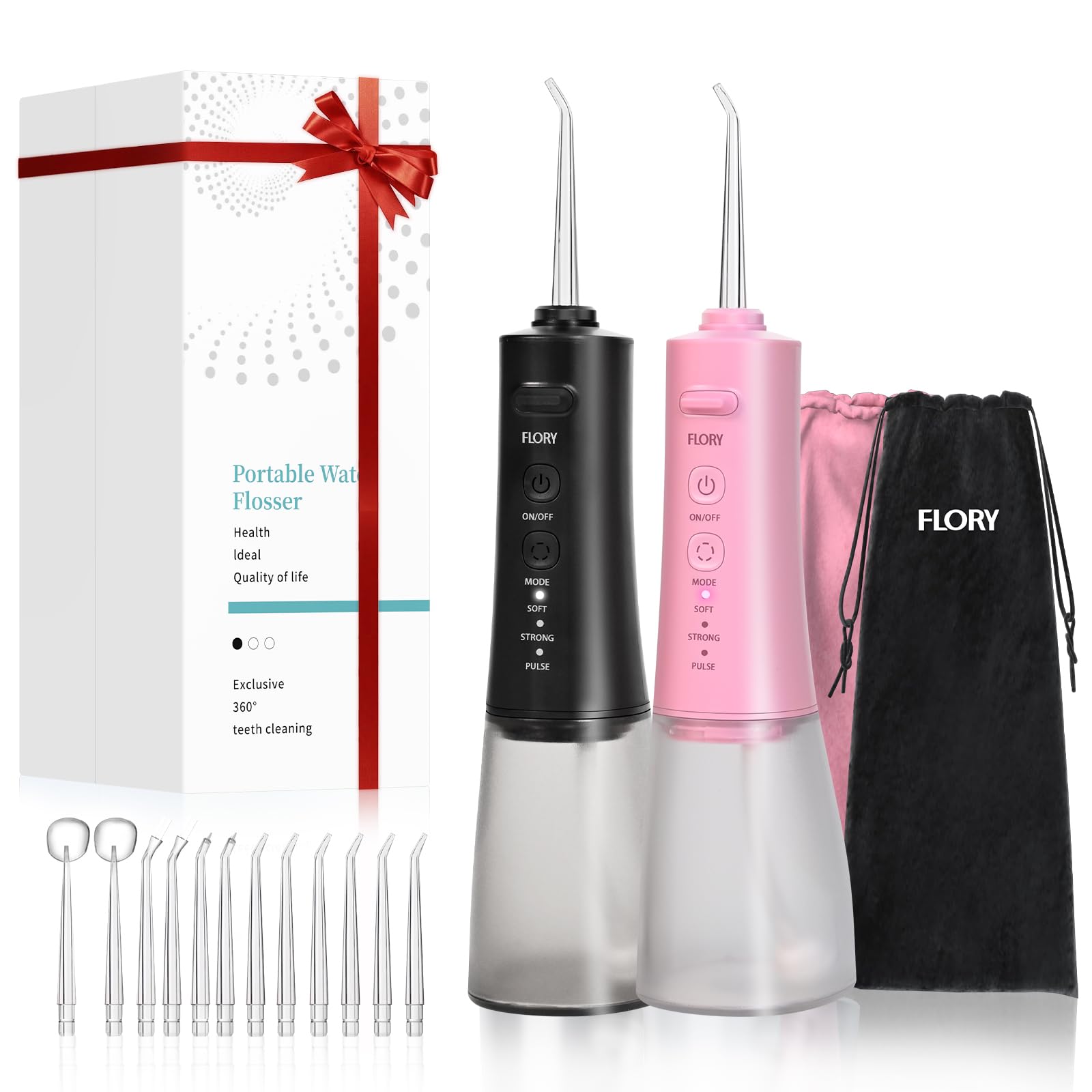 Paquete de 2 irrigadores dentales para dientes, portátil, inalámbrico, para parejas, hilo dental de viaje con 3 modos y 12 puntas, recargable e impermeable IPX7, limpiador dental portátil de viaje
