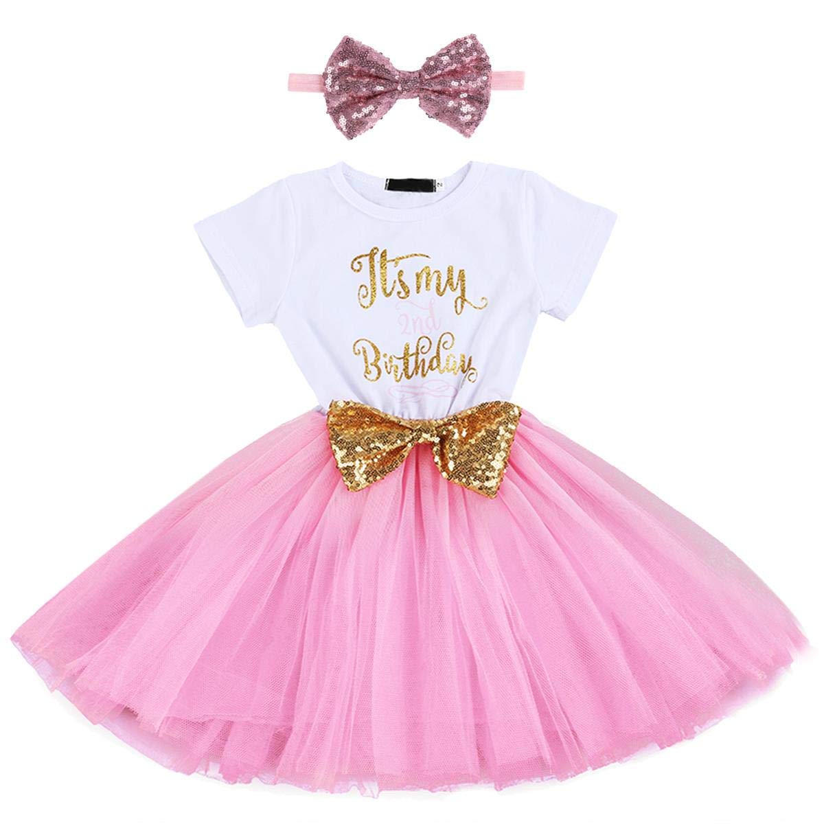 ODASDO Baby Girl It’s My 1st / 2nd Birthday Dress Matching Shiny Sequin Bowknot Headband Cake Smash Outfit Photo Props