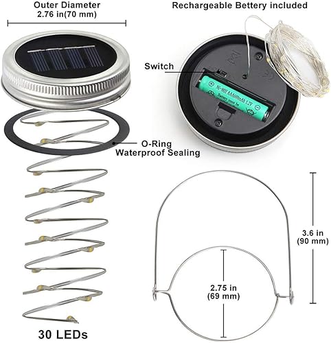 Miniatura 7 de Urvoix Luces solares para tarros de masón, 8 unidades de 30 luces LED solares para exteriores, impermeables, con tapas de tarros, luces solares con