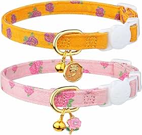 Kit 2 Coleiras para Gato com Fecho de Segurança Breakaway em Algodão Floral Rosa e Amarelo com Guizo e Pingente – Ajustável para Filhotes e Gatos Adultos, Conforto, Segurança e Estilo para Pets