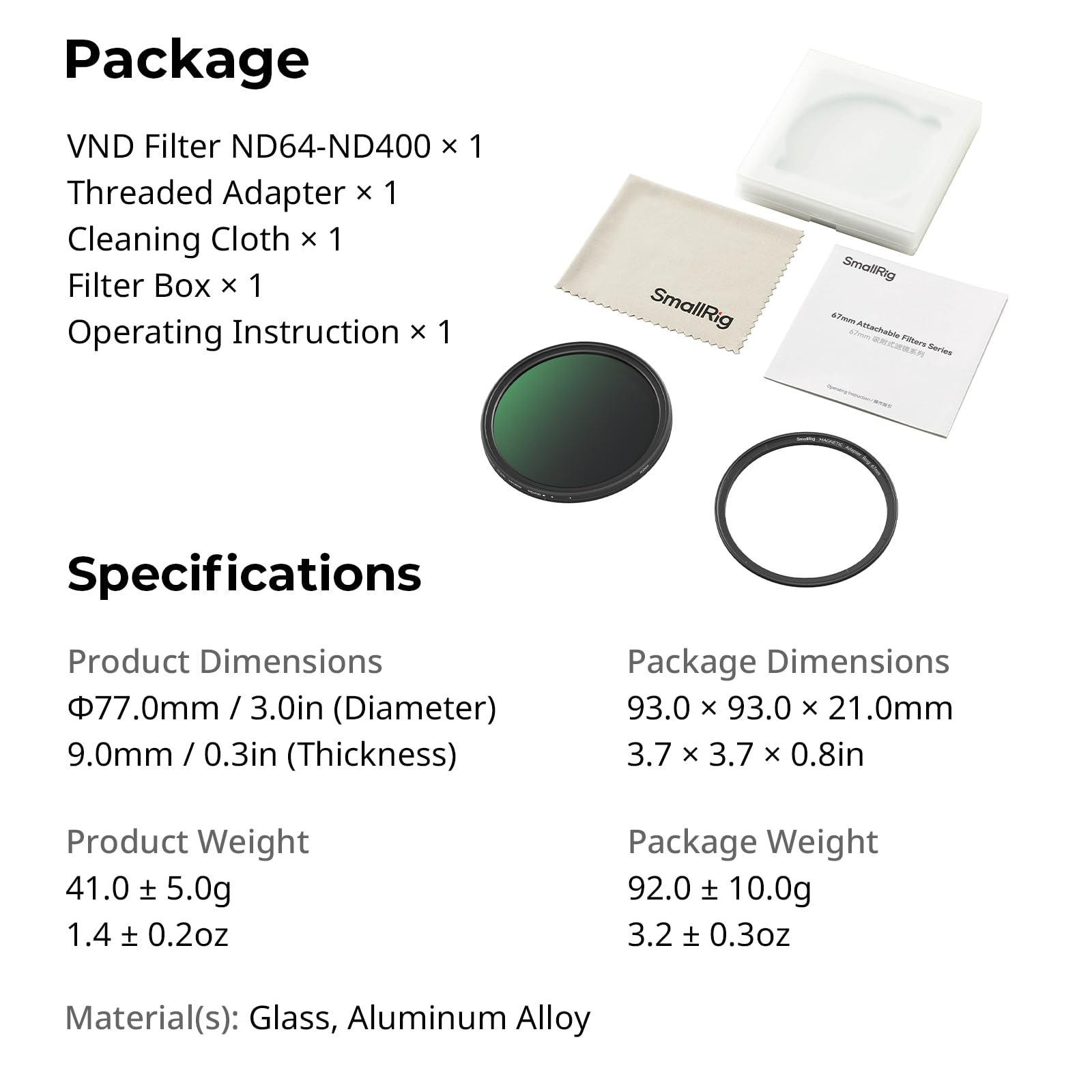 SMALLRIG Filtre VND Magnétique 67 mm ND64-ND400 (6-9 arrêts), Filtre ND Réglable pour iPhone 16/S24 Ultra/Vivo X100 et objectifs 67 mm, Verre Optique HD sans Croix X, avec Adaptateur fileté - 5169