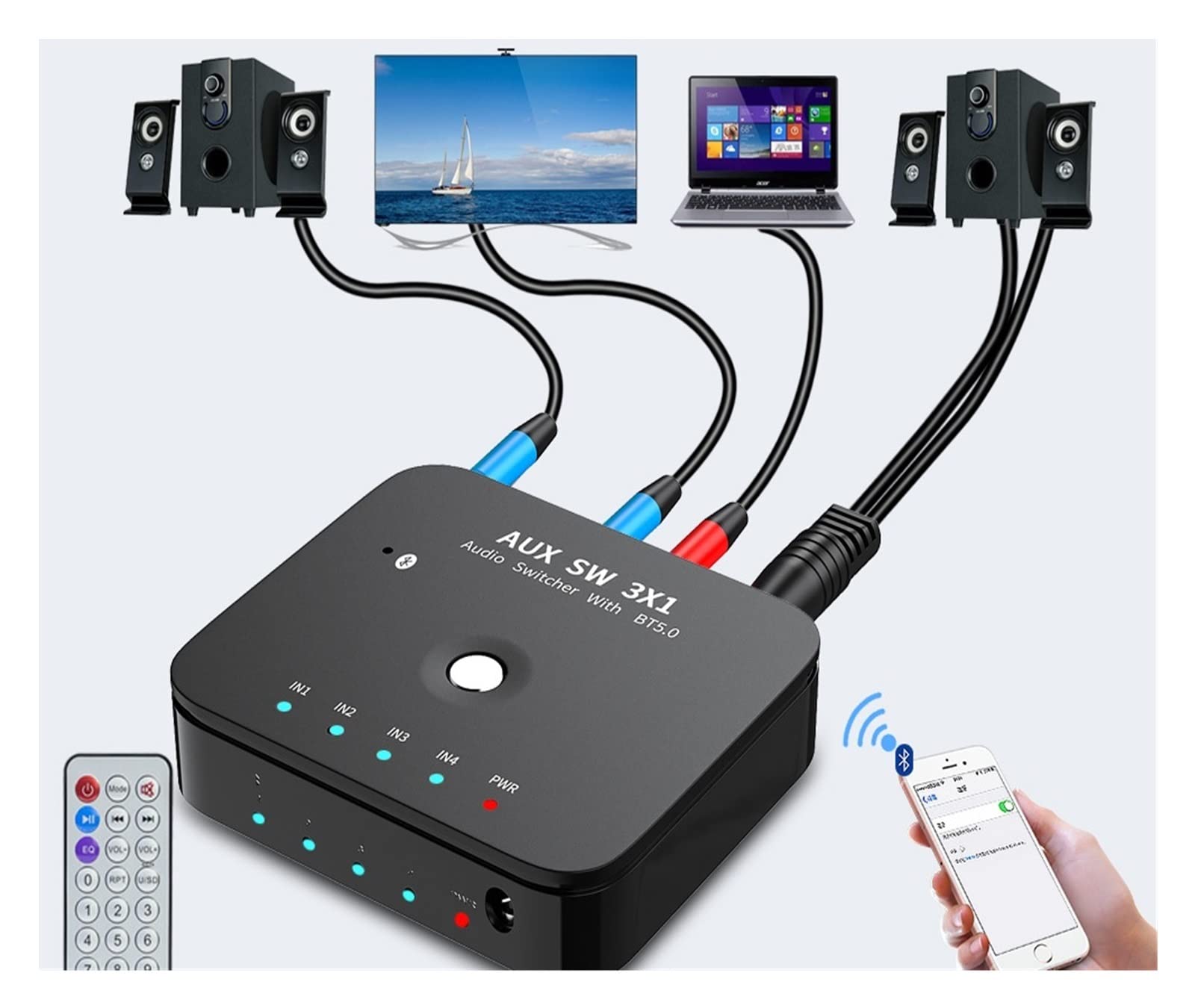 Commutatore Video, Switcher stereo HIFI a 4 porte da 3,5 mm 3 IN 1OUT Wireless Music Ricevitore 5.0 Adattatore audio(1)