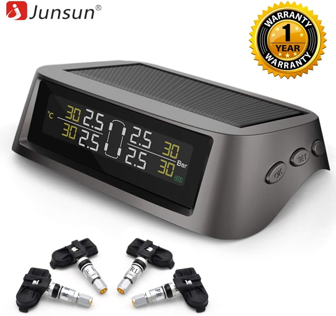 Junsun Car TPMS - Tire Pressure Monitor System Solar Powered, Wireless Display, and Tyre Pressure Alarm with 4 Sensors (10x7)
