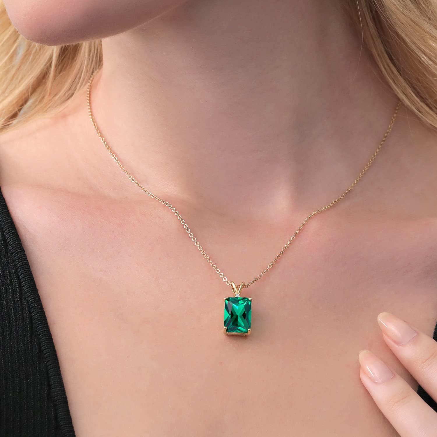 Gem Stone King 18K Yellow Gold Plated Silver Emerald Cut Gemstone Birthstone and Round Accent White Diamond Pendant Necklace for Women | 14X10MM Emerald Cut and 1.5MM Round | With 18 Inch Silver Chain - Image 5