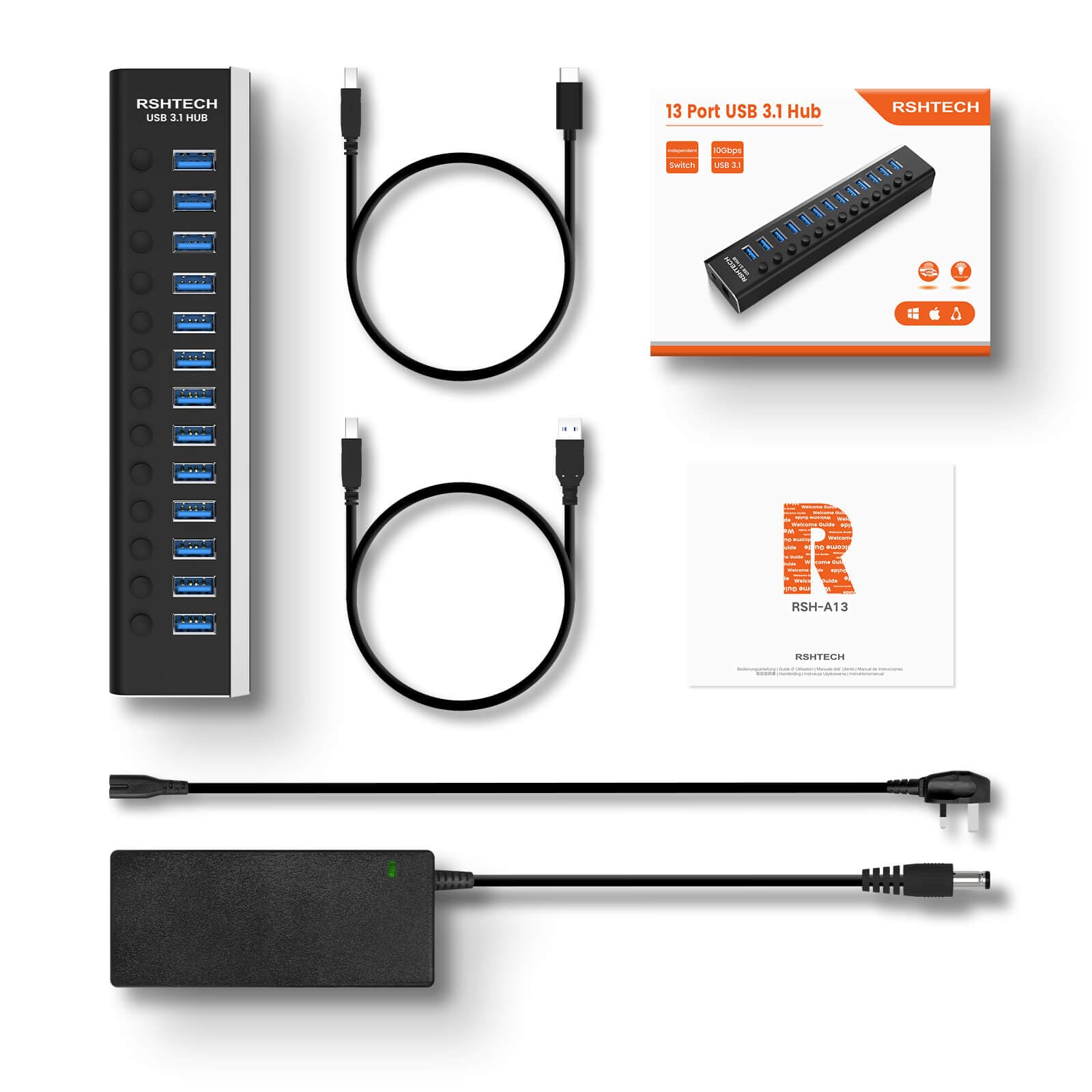 RSHTECH Alle USB Hub 3.2 Aktiv mit Netzteil (72W 12V/6A), RSH-A13 | 2 in 1 Datenkabel (Typ C&Typ A) & 13*10Gbps USB 3.2 Gen 2 Port, Aluminium - Zum Langsam Aufladen und Datenübertragung