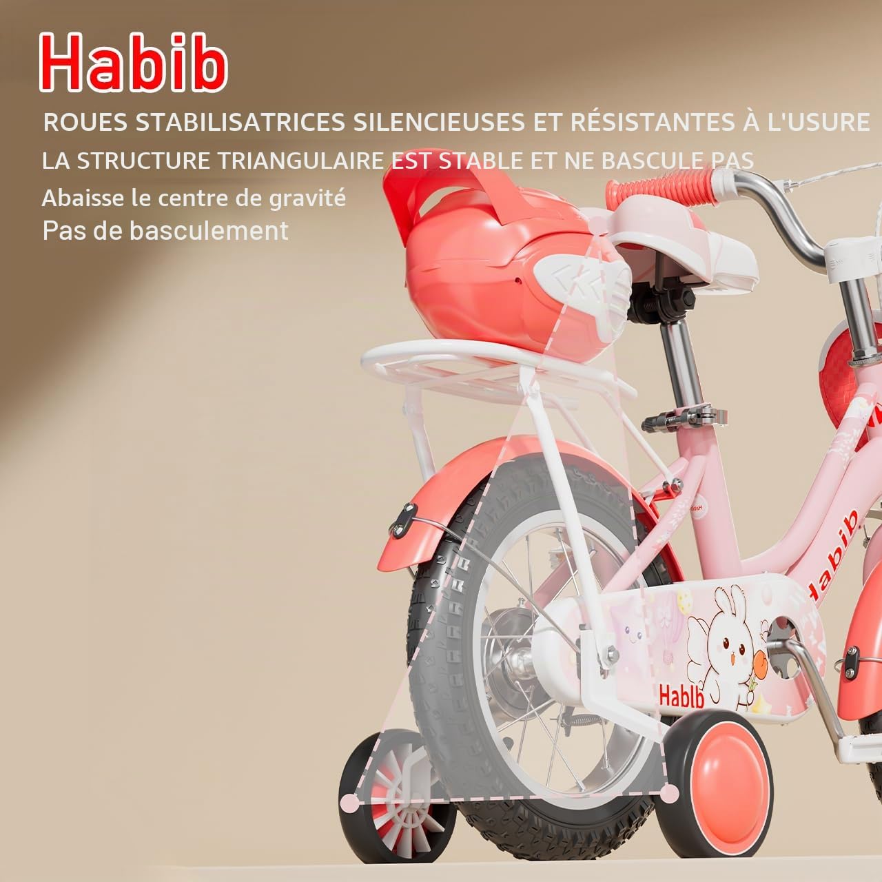 Habib Gruppe Vélo fille édition princesse 16 pouces | Kit complet avec panier, gourde, kit de protection et pompe | Vélo enfant avec roues stabilisatrices et double système de freinage pour fille de 3