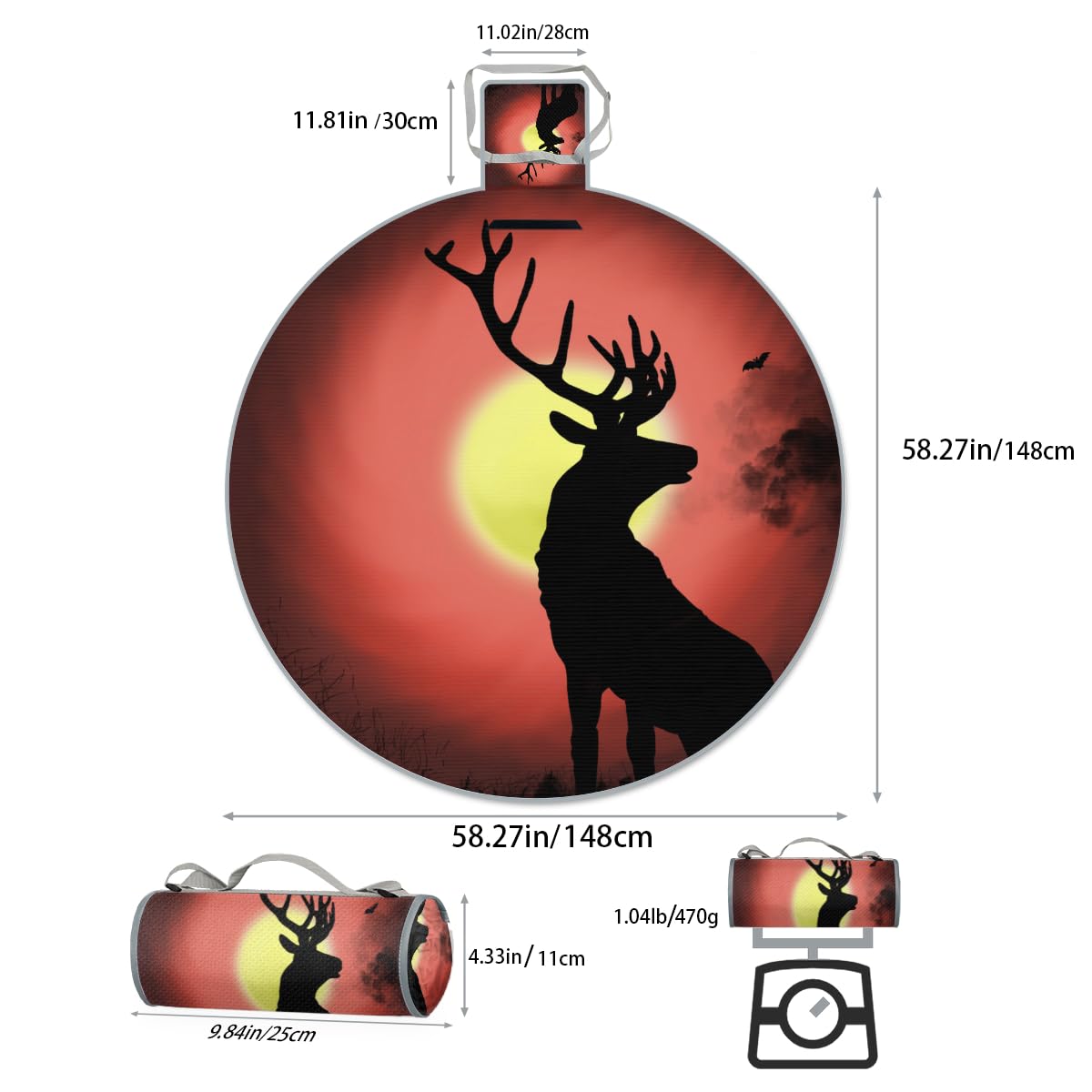Shimoshe Sunset Deer Picnic Outdoor Blanket Foldable Waterproof Sandproof Beach Blanket Portable Water-Resistant Round Picnic Mat for Travel Camping Park Lawn