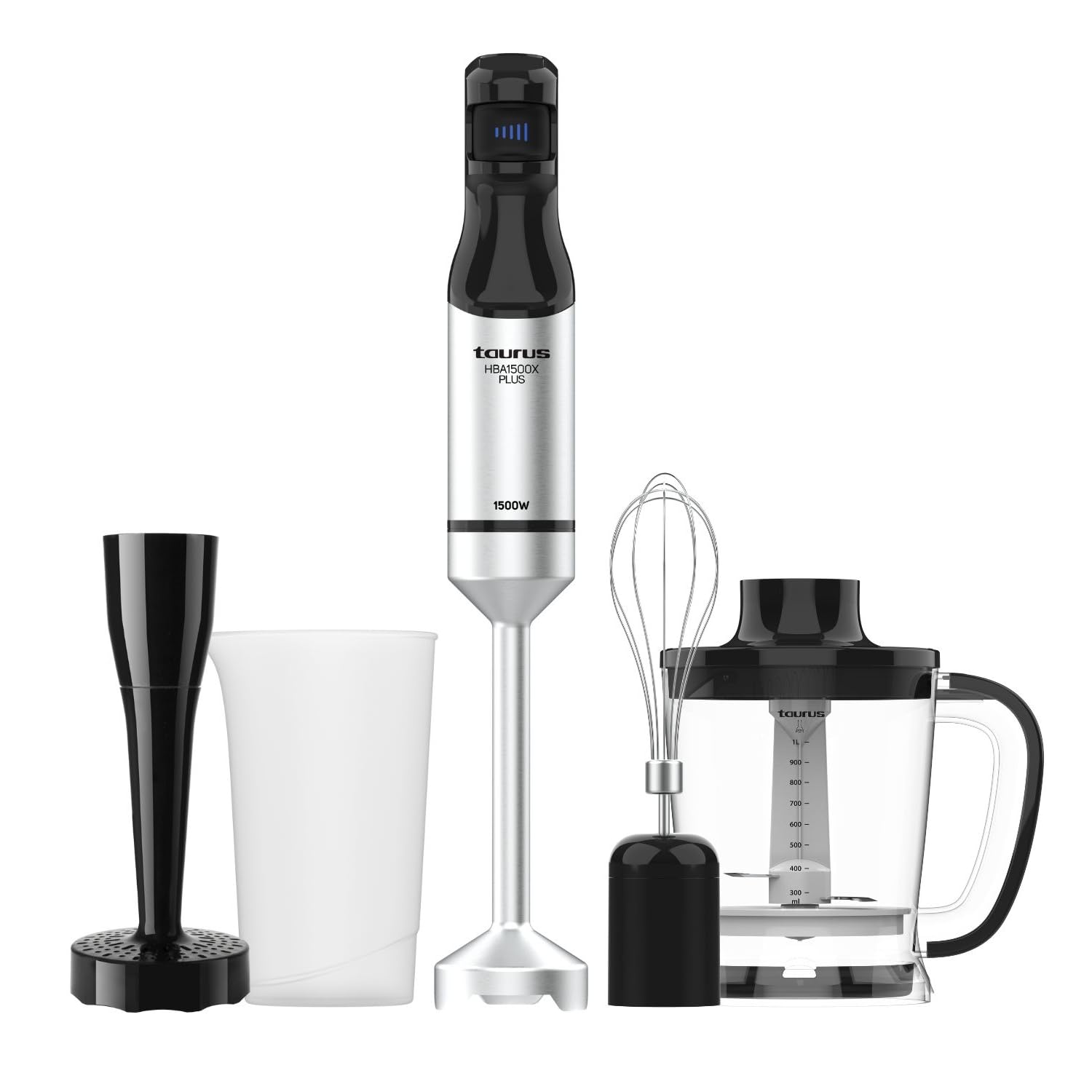Taurus HBA1500X PLUS - Batidora de mano 1500W | Regulador de 20 velocidades ajustable | Función Turbo | Cuchillas de acero inox | incluye accesorios| Diseño ergonómico | Vaso medidor
