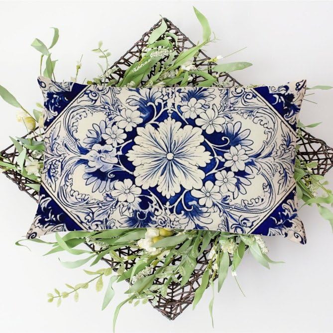 Kawani Set di 2 federe decorative per cuscini lombari, 30 x 50 cm, motivo floreale vintage blu, 30,5 x 50,8 cm, decorazione rustica, per divano, divano all'aperto