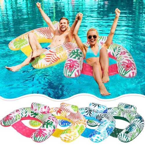 VercanMonth 4 Pack Pool Floats Chairs Adult with Cupholders Tropical Plants Pattern Lazy River Floats for Adult Relaxing Inflatable Water Chairs for Summer Beach Water Lake Fun Party