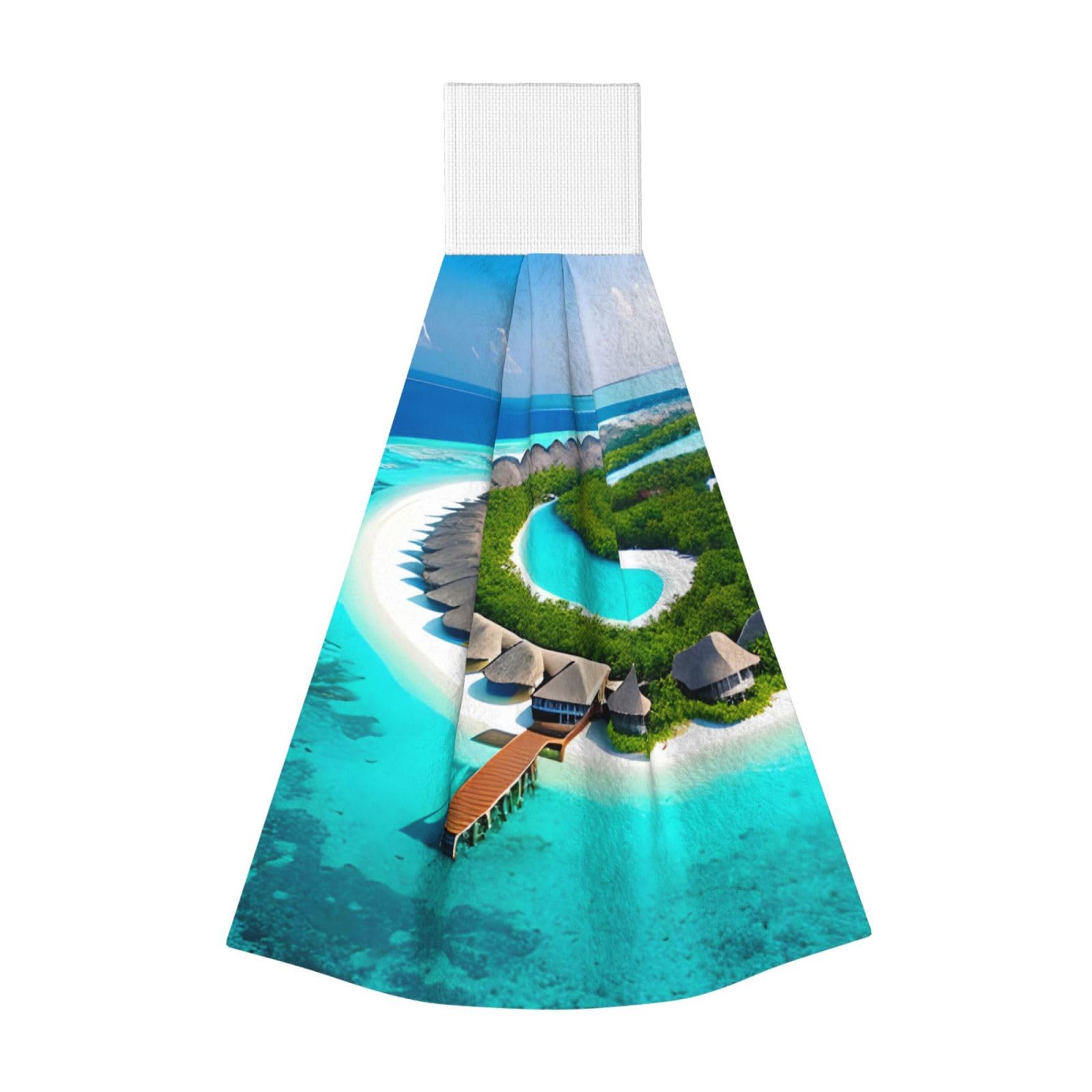WUPngg Maldives Scenery Bathroom Tie Towels/Dish Cloth,Kitchen Hanging Towel, Coral Fleece Dry Cleaning Hand Dishcloths One Size