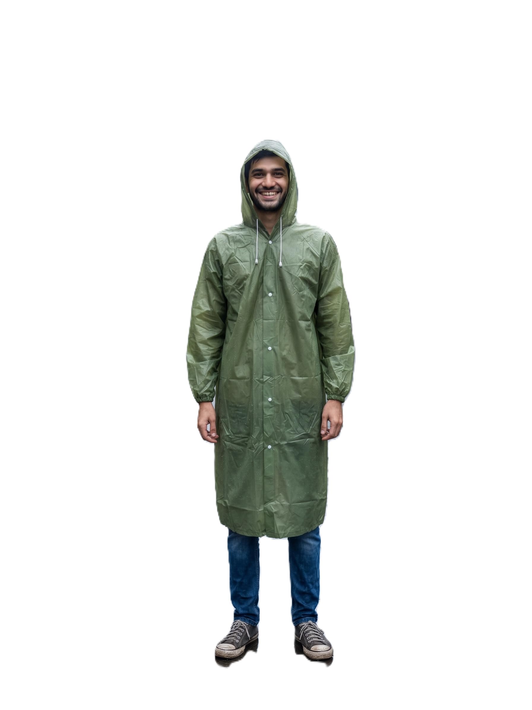 Unisex Full-Length Hooded Raincoat, Waterproof PVC Rain Coat, Olive Green, Lightweight, Snap Button Closure, Free Size-image-36