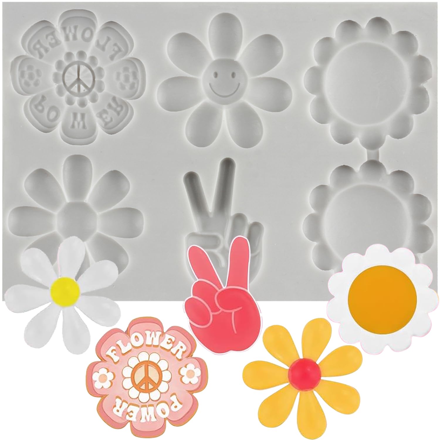 Sijiangmold Groovy Fondant Mould Chrysanthemum Sunflower Silicone Moulds Peace Sign Peace Flower Mould for Cake Decoration Chocolate Cupcake Topper Candy Polymer Clay Gum Paste