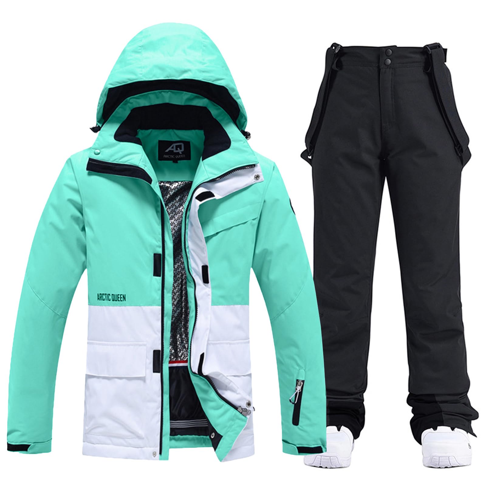 ALSOGO Damen Skijacke & Skihose Set Skianzug 2 teilig Schneeanzug 10.000mm Wasserdicht Warm Winterjacke mit Abnehmbare Kapuzen zum Skifahren Snowboarden Schneejacke Schneehose TY133BUW Schwarz 2XL