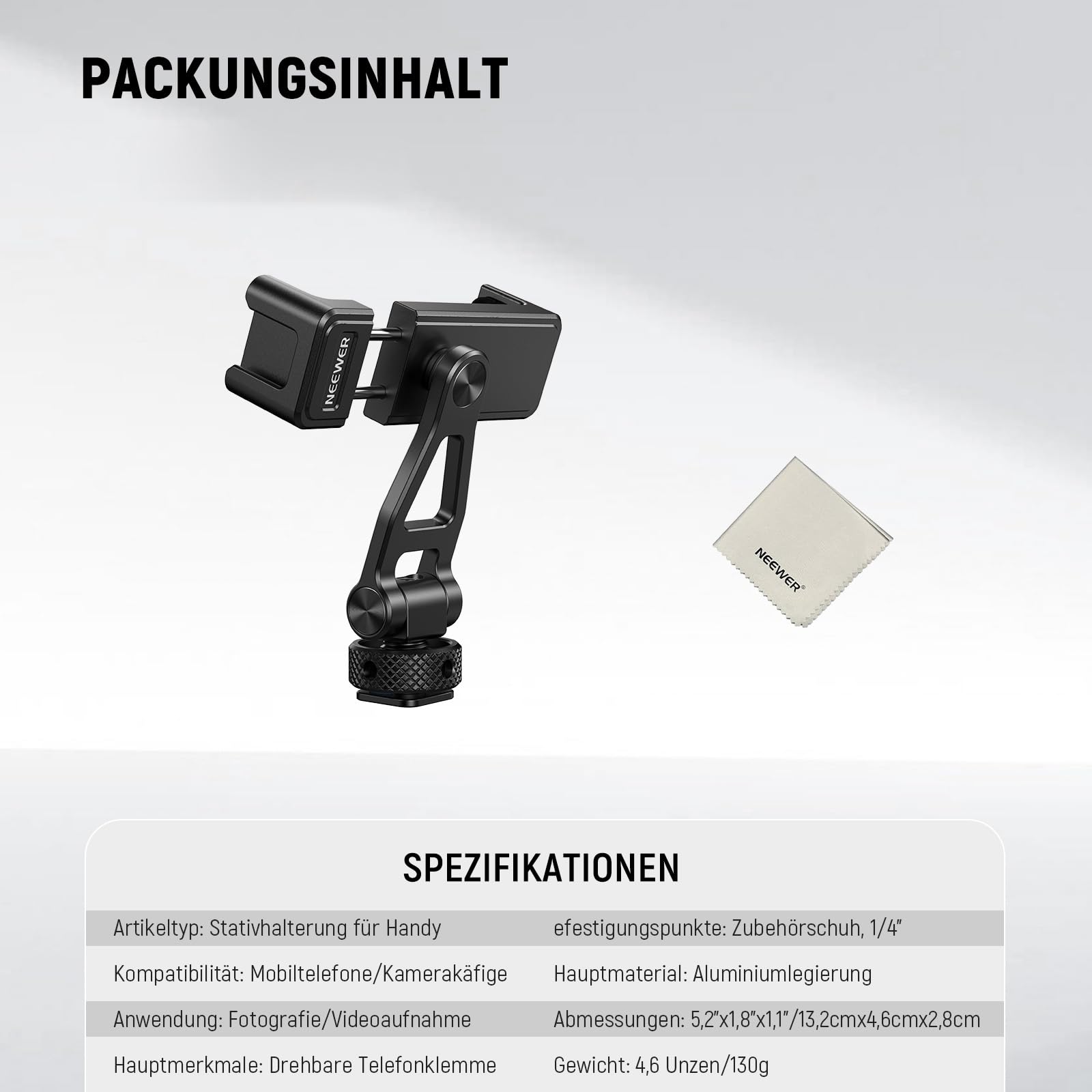 NEEWER Einstellbare Handy Stativhalterung mit 1/4" Gewinde 180°Neigung 360°Drehung Reinigungstuch Telefonklammerhalterung Kompatibel mit iPhone Samsung Android Kamerakäfig für Videoaufnahmen, GA010