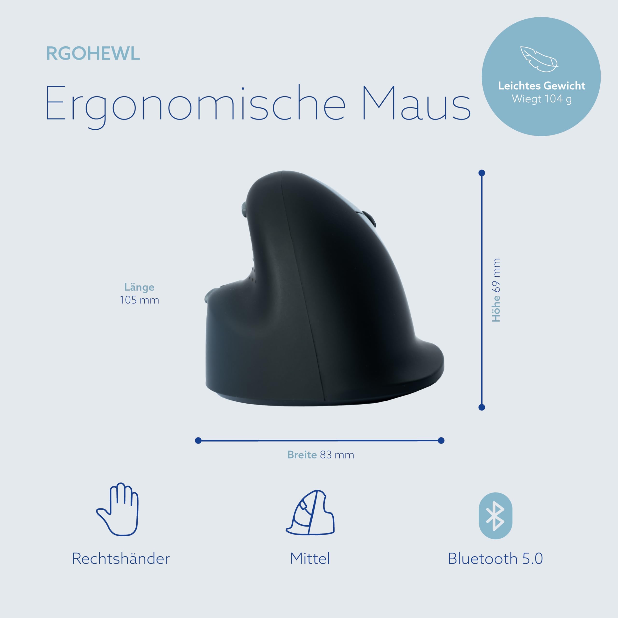 R-Go HE Ergonomische Maus, Bluetooth 5.0, Silent funkmaus, Kompatibel mit Anti-RSI-Software, Vorbeugung Mausarm, Wiederaufladbare kabellose vertikale Maus für Windows/MacOS, 5 Tasten, Schwarz