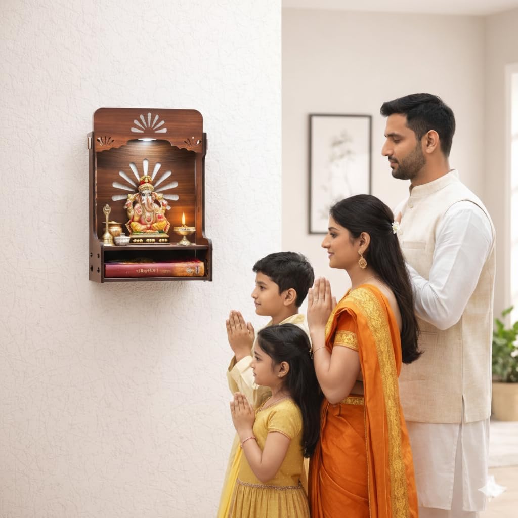 Pooja Mandir for Home, Wooden Temple with Storage Shelf & LED Spotlight, DIY Wall Mounted Puja Mandirs, Home Temple Devghar, Puja Stand for God Idols, Office, Shop - (16 x 10 Inches)