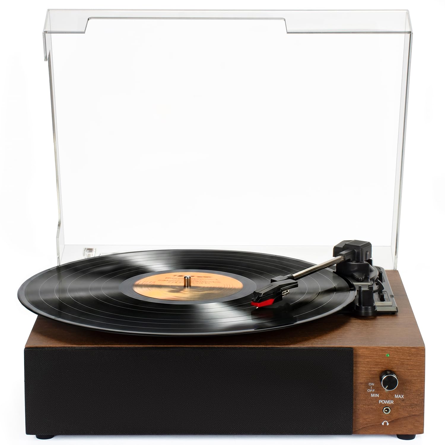 Giradischi portatile Bluetooth in vinile, giradischi a 3 velocità con batteria ricaricabile (fino a 3 ore), altoparlanti integrati, finitura in legno, copertura antipolvere trasparente, supporta la