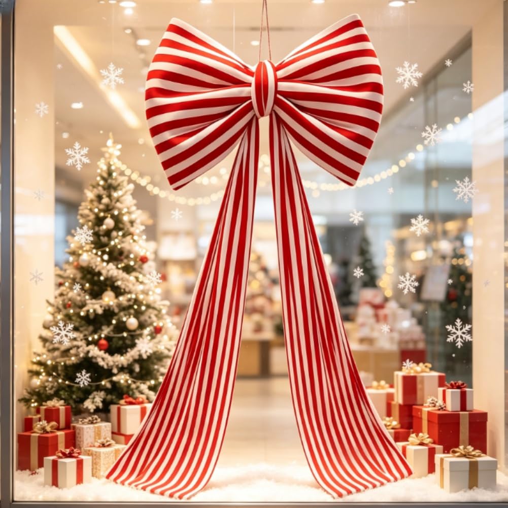 Adorno de árbol de Navidad con lazo rojo a cuadros, tela de 40 x 110 cm (80