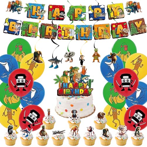 AUNGKWANG Decorazione per Feste di Compleanno a Tema Tung Tung Tung Sahur, con Topper per Cupcake, Striscione, Palloncini, Happy Birthday Decorazioni, Brainrot Compleanno, per Ragazze e Ragazzi