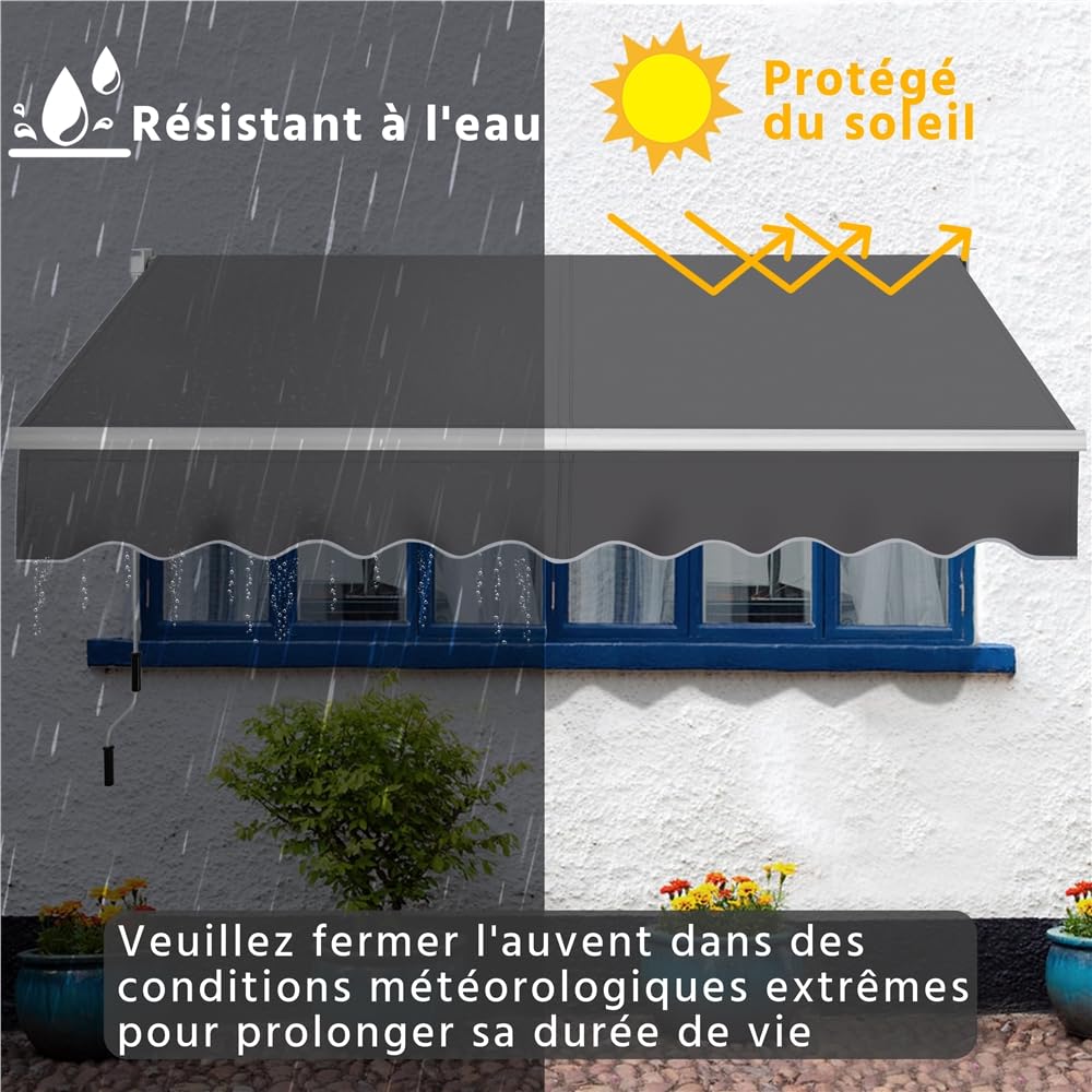 Yaheetech Auvent Rétractable de Contrôle Manuel 250 x 200 cm avec Protection Solaire Réglable pour Balcon, Terrasse, Café, Restaurant - Gris Foncé
