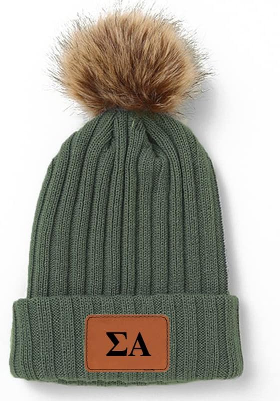 Sorority ShopSigma Alpha Beanie Hat with Pompom, with Sigma Alpha Sorority Name Patch Green