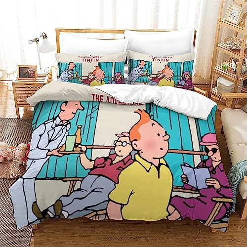 Juego de funda de edredón con estampado 3D de Las aventuras de Tintines con póster de película, juego de ropa de cama de microfibra suave para niños, jóvenes y adultos, decoración de dormitorio, 220 x