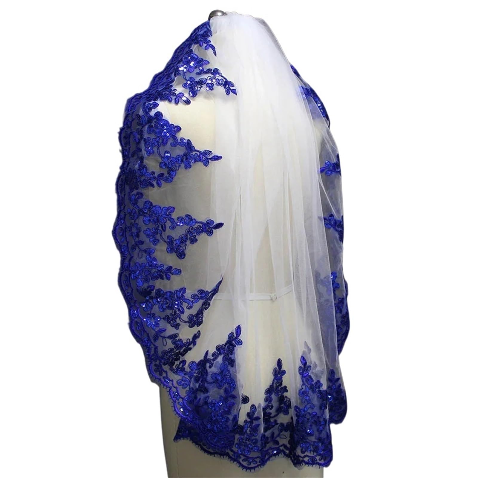 Brautschleier Eine Schicht Bling Pailletten Blauer Spitzenrand Weißer Tüll Kurzer Hochzeitsschleier Mit Kamm Brautschleier