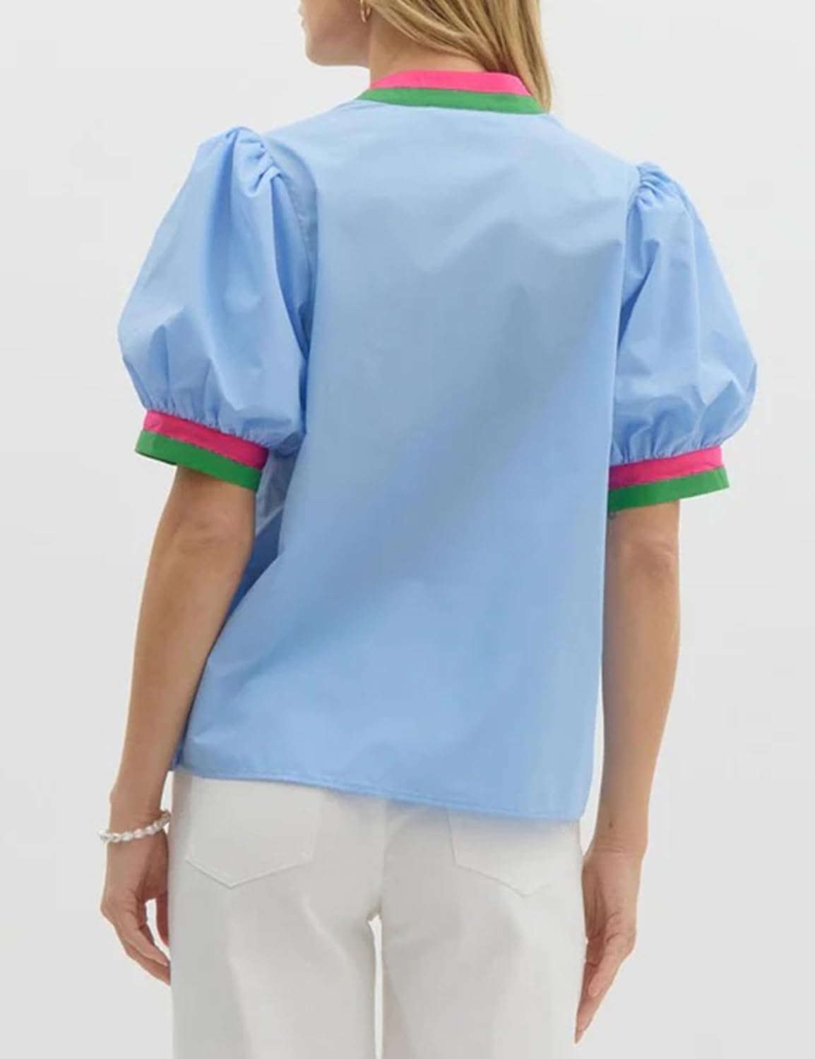 Huaqiao Womens Color Block Puff Short Sleeve Tee Shirt V Neck Cotton Tops Loose Fit Summer Blouses - Image 2