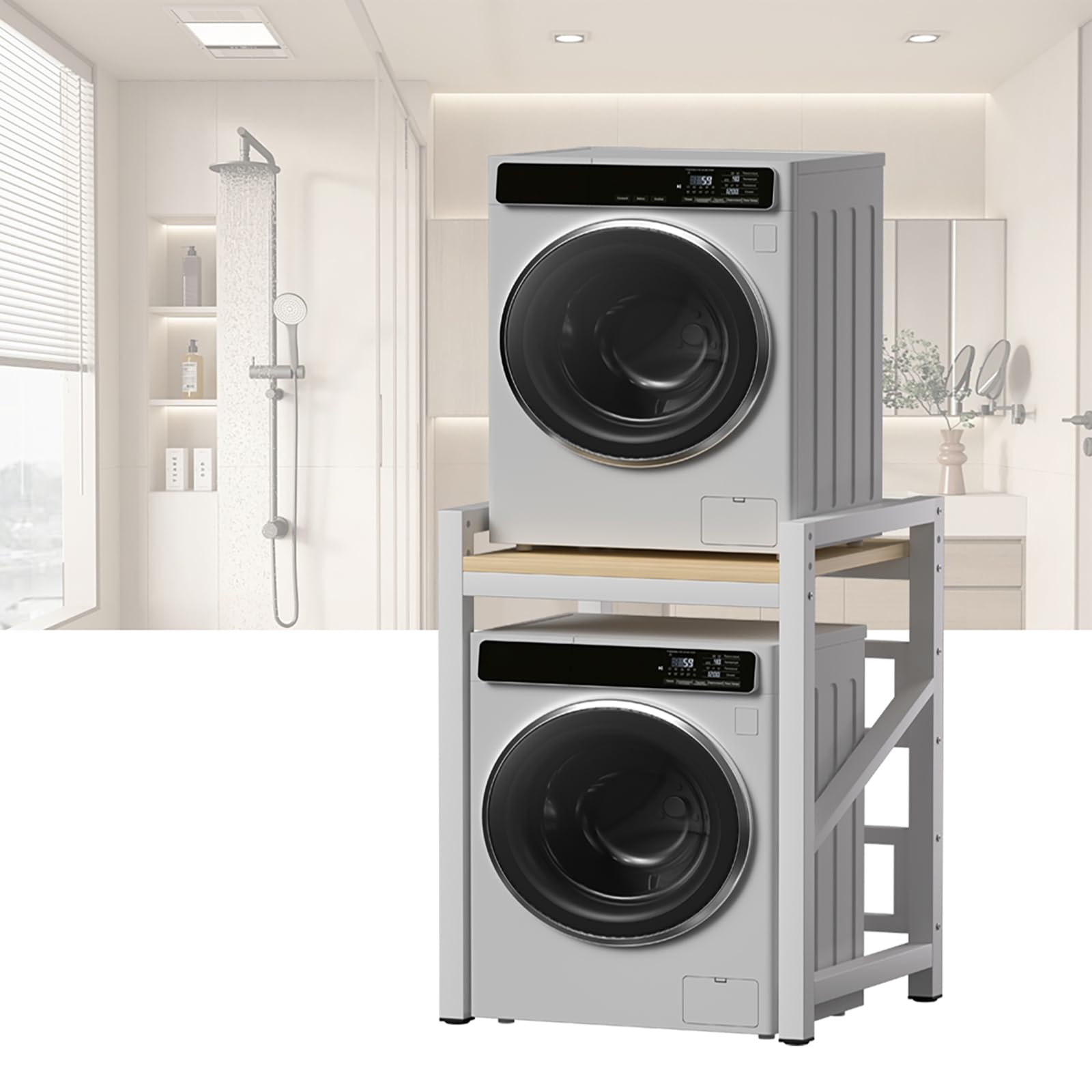 WPPTNSFY Over The Washer and Dryer Storage Shelf, Height Adjustable Washer Dryer Stacking Kit, 4X4 CM Metal Frames, Above Washer and Dryer Shelving, for Bathroom Laundry