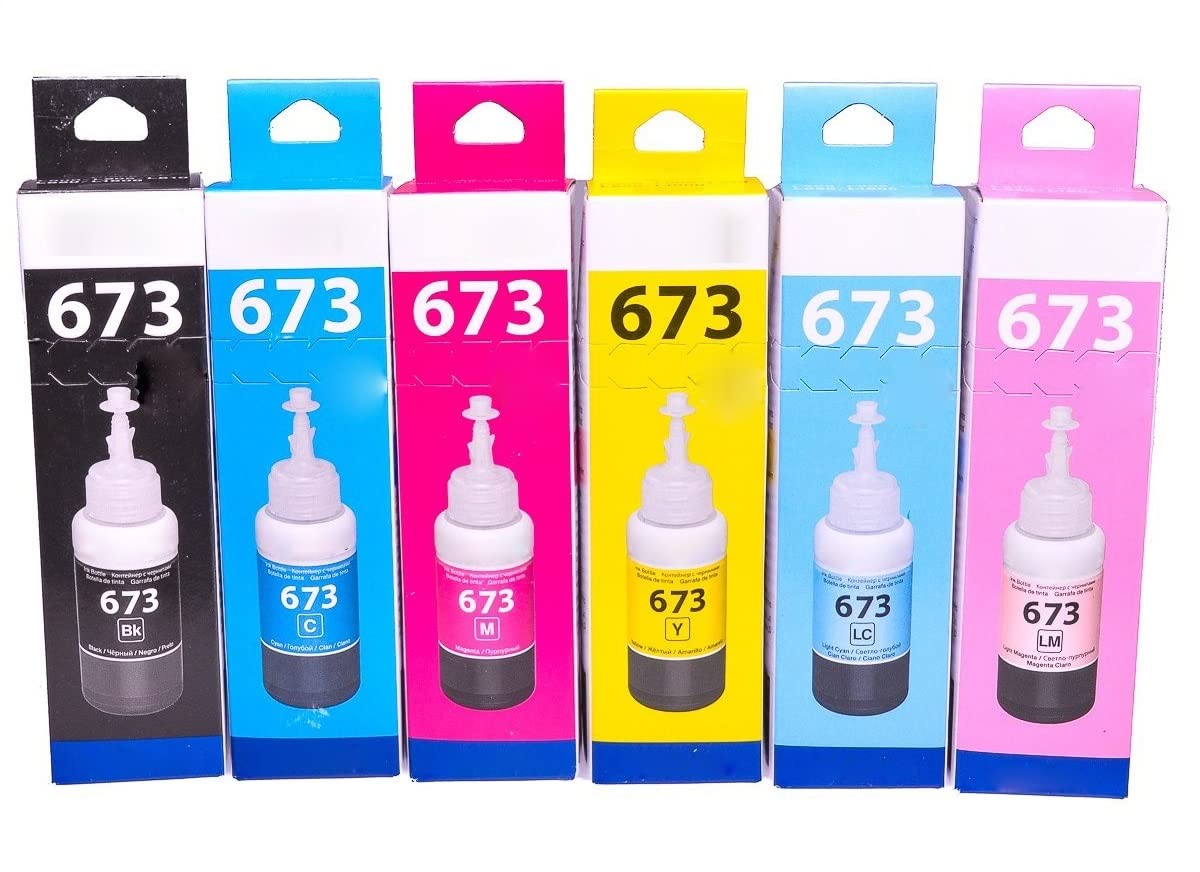REALCART Ink Cartridge T673 Ink 6 Bottle Set Compatible Printer for L800, L805, L810, L850, L1800 Combo Pack Ink Bottle
