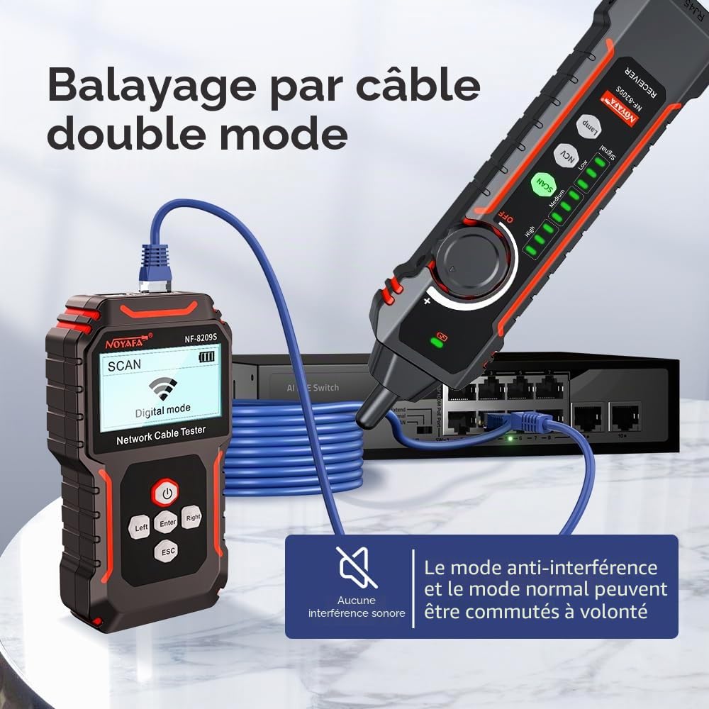 NOYAFA Testeur de câble réseau avancé NF-8209S avec PoE et NCV, test de longueur de câble, clignotement de port, modes de balayage anti-interférences multifonction, traqueur de fil