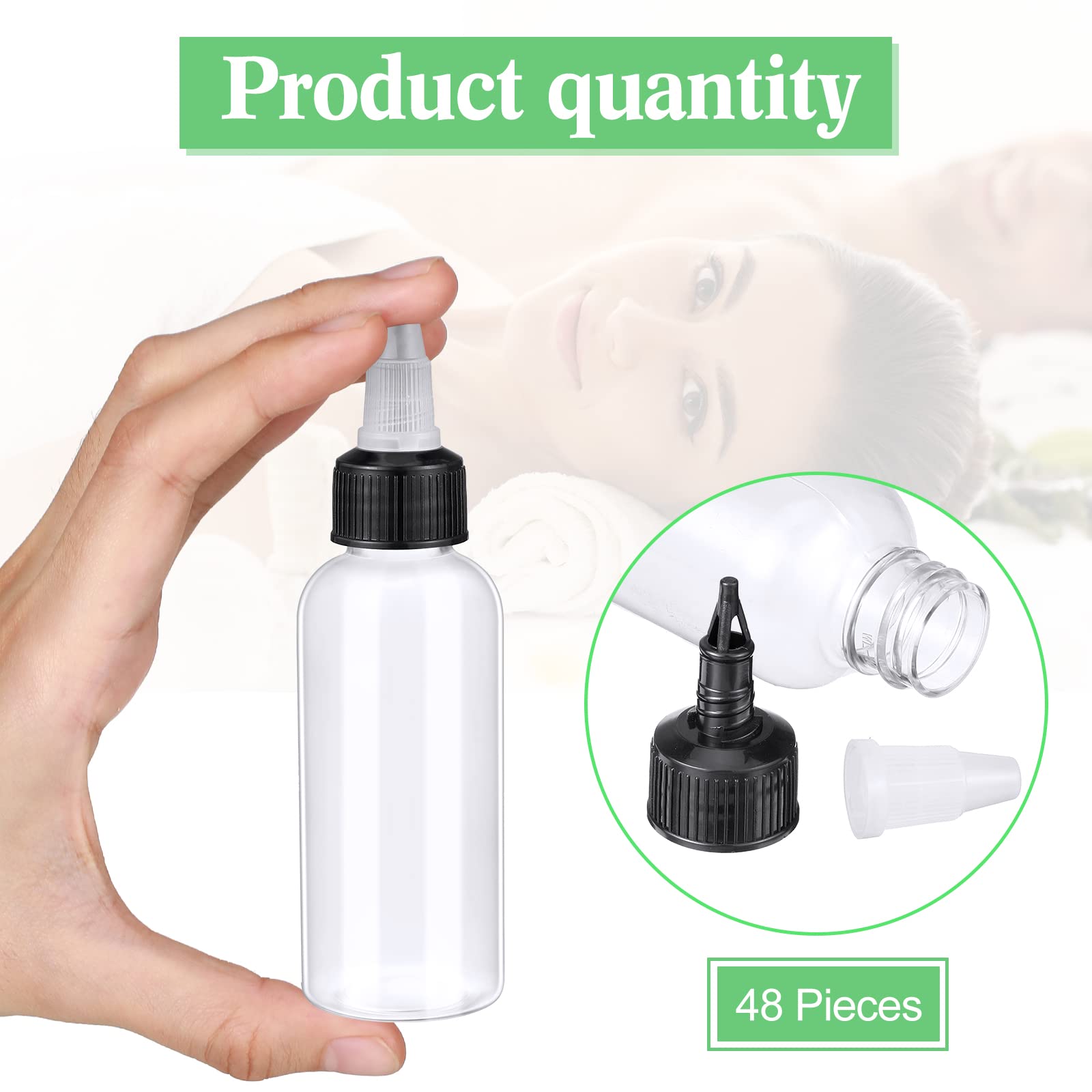Paquete de 48 botellas redondas de 2 onzas con tapas giratorias, botellas pequeñas de plástico con gotero de pintura transparente para cocina, hogar y hogar 4