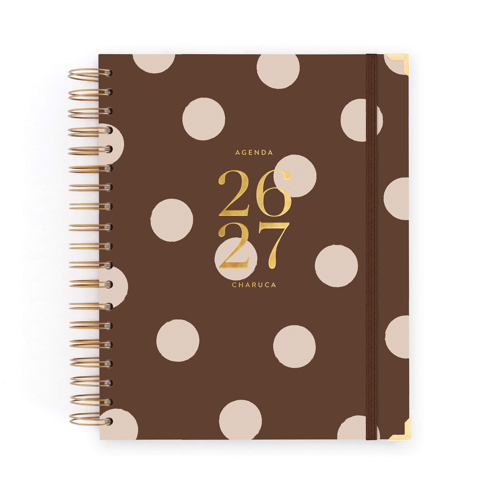 Agenda Charuca 26-27 accademica vista giornaliera - copertina rigida con dettagli dorati, misura grande, inclusa borsa in tessuto protettivo e segnalibro - Made in Spagna. (CIOCCOLATE)