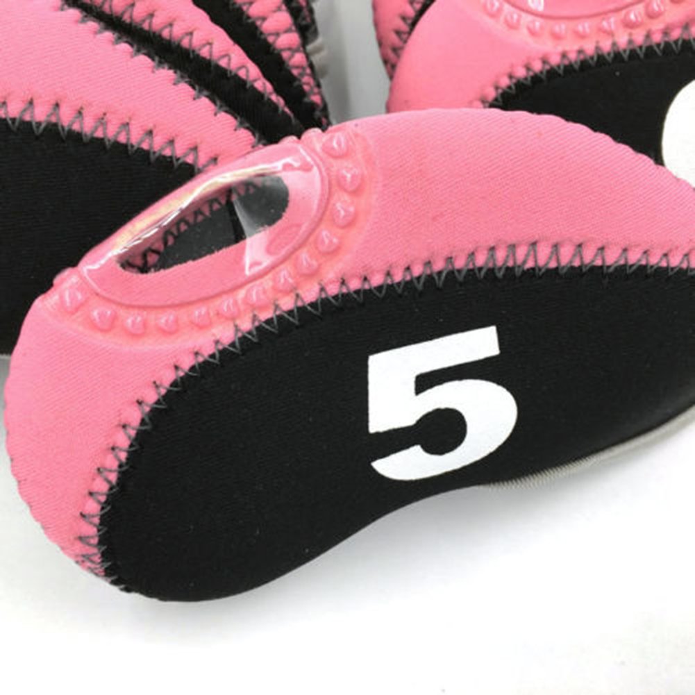DBYAN 10Pcs Golf Clubs Iron Head Covers 3-9 A/SW/PW Elastic Reused Neoprene Material with Number Tag Protect Case for Irons Black & Pink