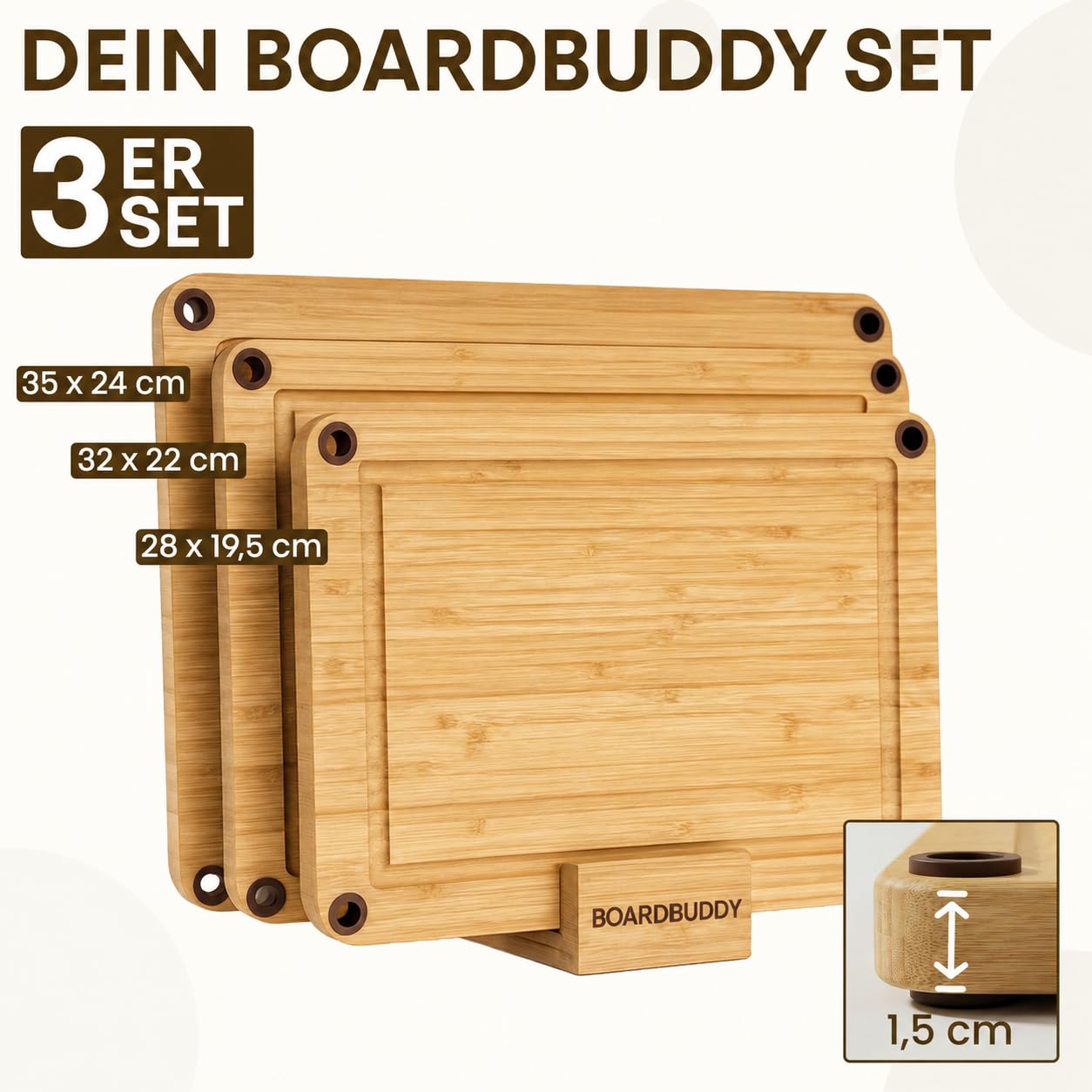 BOARDBUDDY Set di 3 taglieri con piedini in silicone antiscivolo by Molunda – Il tuo amico in cucina – innovative tavole in legno di bambù con supporto (3, 35 x 24 cm/32 x 22 cm/28 x 19,5 cm)