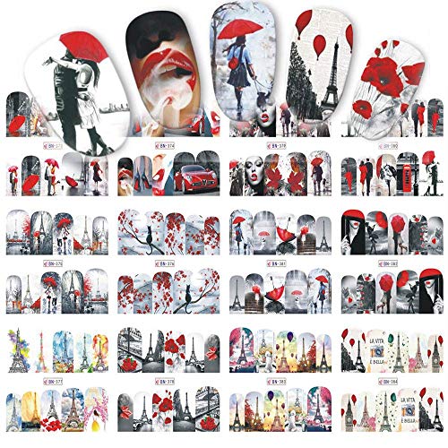 Valentine's Day Nail Art Stickers Decals Nail Art Supplies Wraps for Women Girls Nail Accessories Decorations Eiffel Tower Maple Leaf Full Cover Water Transfer 12 Sheets/Set