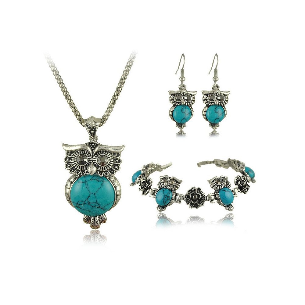 Owl Jewelry Sets Tibetan Vintage Silver Retro Turquoise Stone Pendant Necklace Drop Earrings Charm Bracelet Set