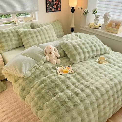 CGSXLSM 布団カバーセット ラビットファー調 冬用 あったか 4点セット フランネル マイクロファイバー 厚手 もこもこ 静電気防止 ふわふわ 暖かい 冷え対策 洗える 吸湿発熱 昼寝 高級 寝具カバー 姫系 ベッドスカート 掛け布団カバー 枕カバー