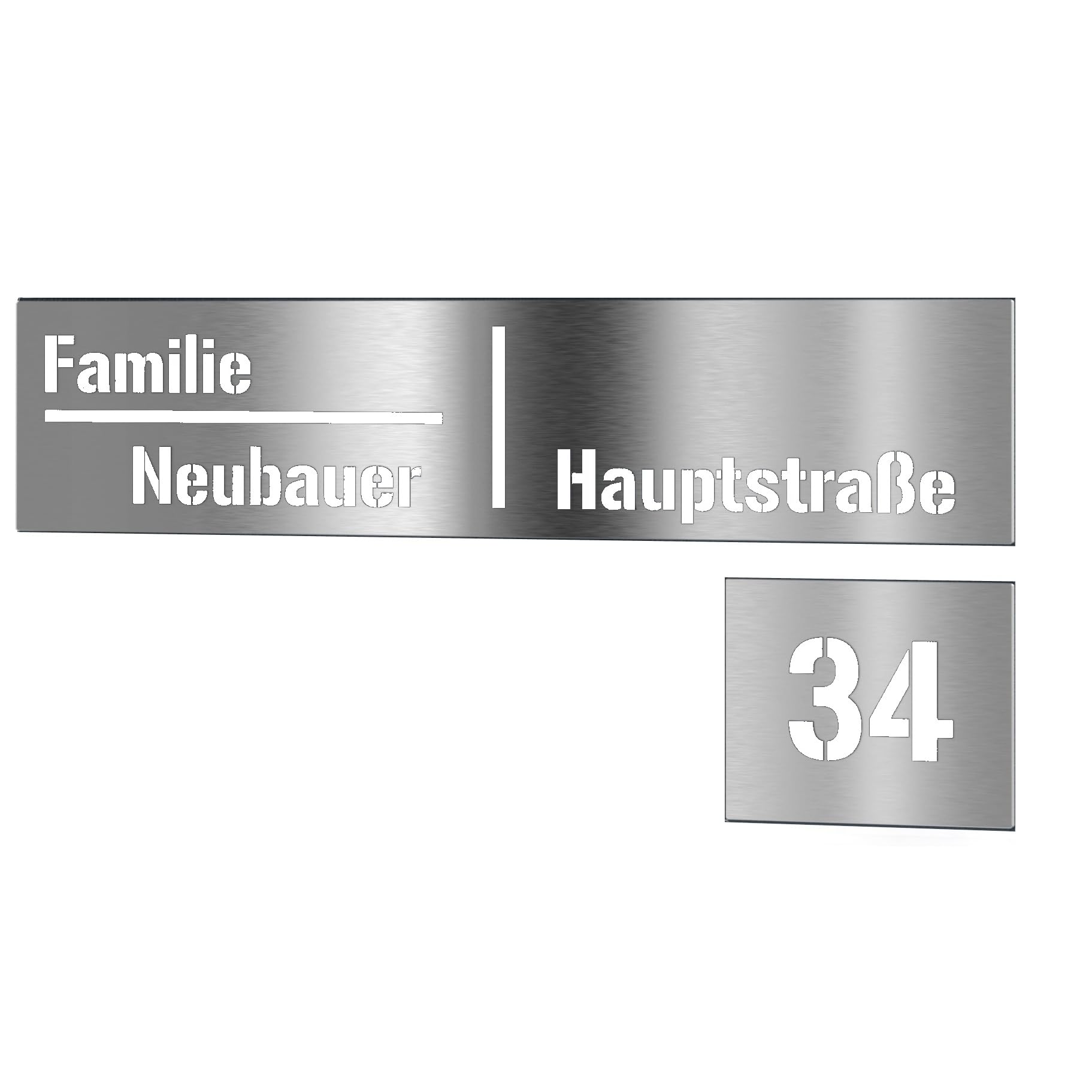 Targhetta per cassetta delle lettere in acciaio inox, autoadesiva, con taglio laser, 360 x 90 mm, targhetta con nome 108 x 90 mm, numero civico personalizzabile, design 1