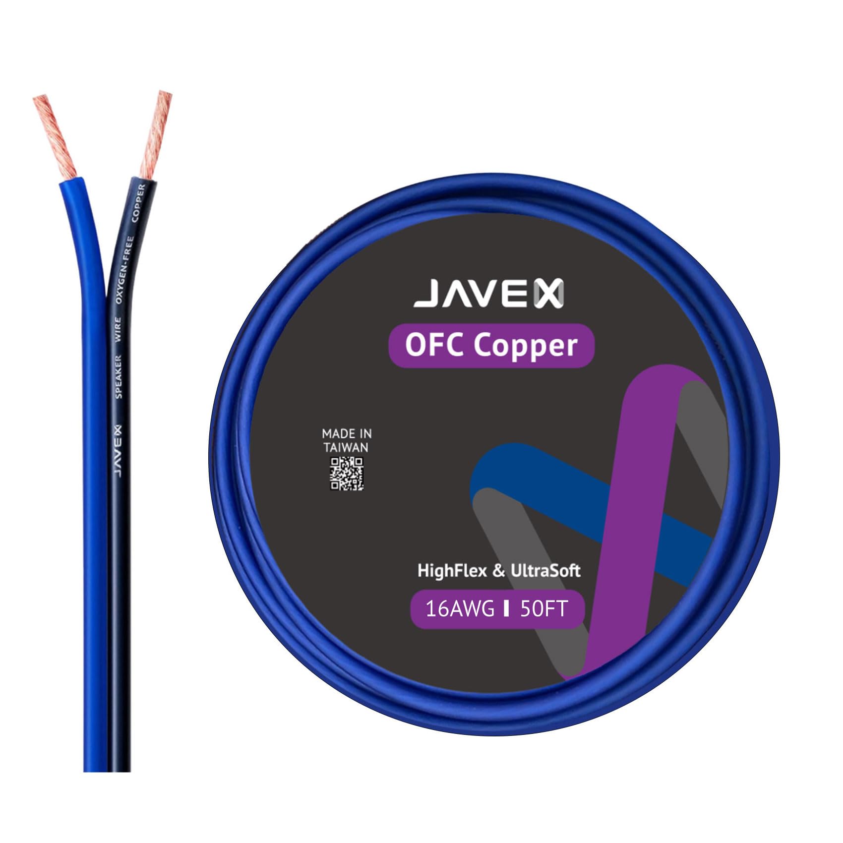 JAVEX 16-Gauge Awg Oxygen-Free Copper Speaker Wire Cable for Hi-Fi Amplifiers AV Receivers and Car Audio Systems (Blue, Black, 50ft)